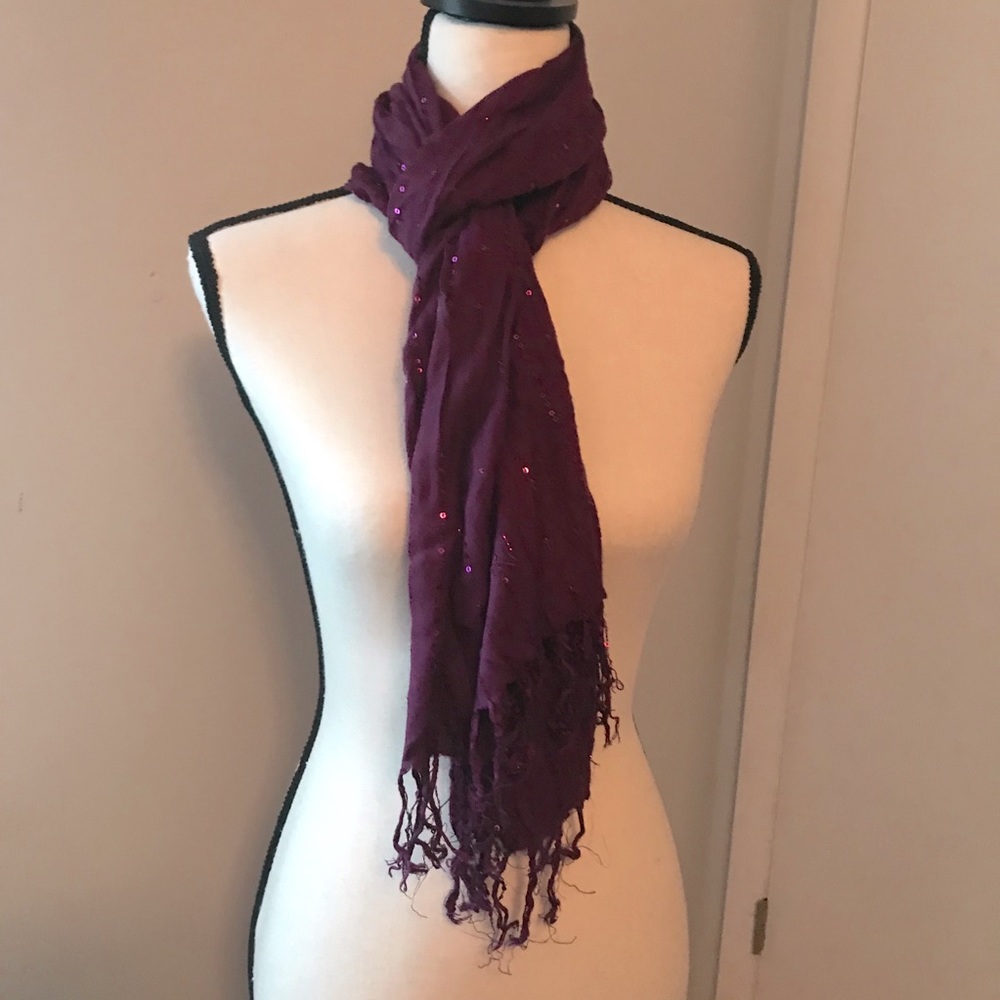 Long purple scarf with fringed ends